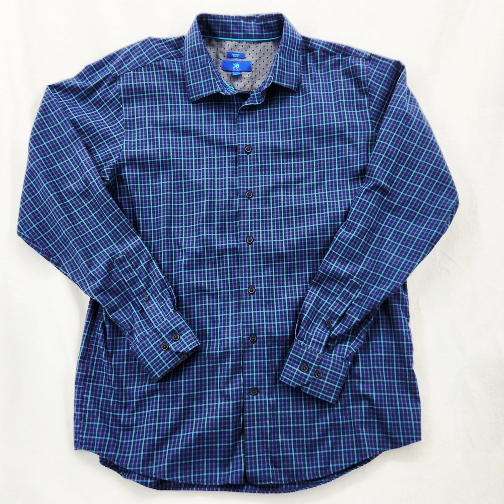 Egara Mens XLT Blue Plaid Non-Iron Slim Fit Button Down Shirt‎ Cotton Stretch